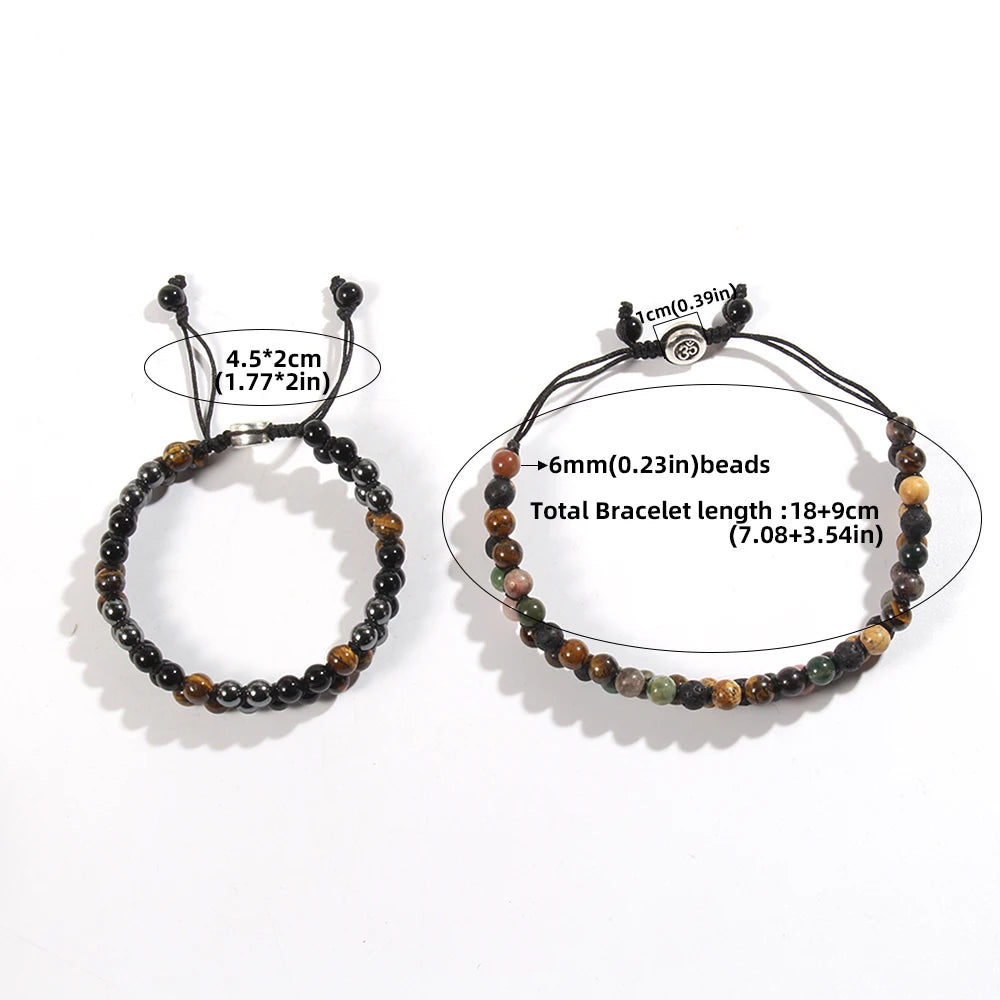 RH Dropship Vintage Men Gift Handmade Mixed 2 Row Black Stones Tiger Eye Agate Health Magnetic Therapy OM Button Wrap Bracelets
