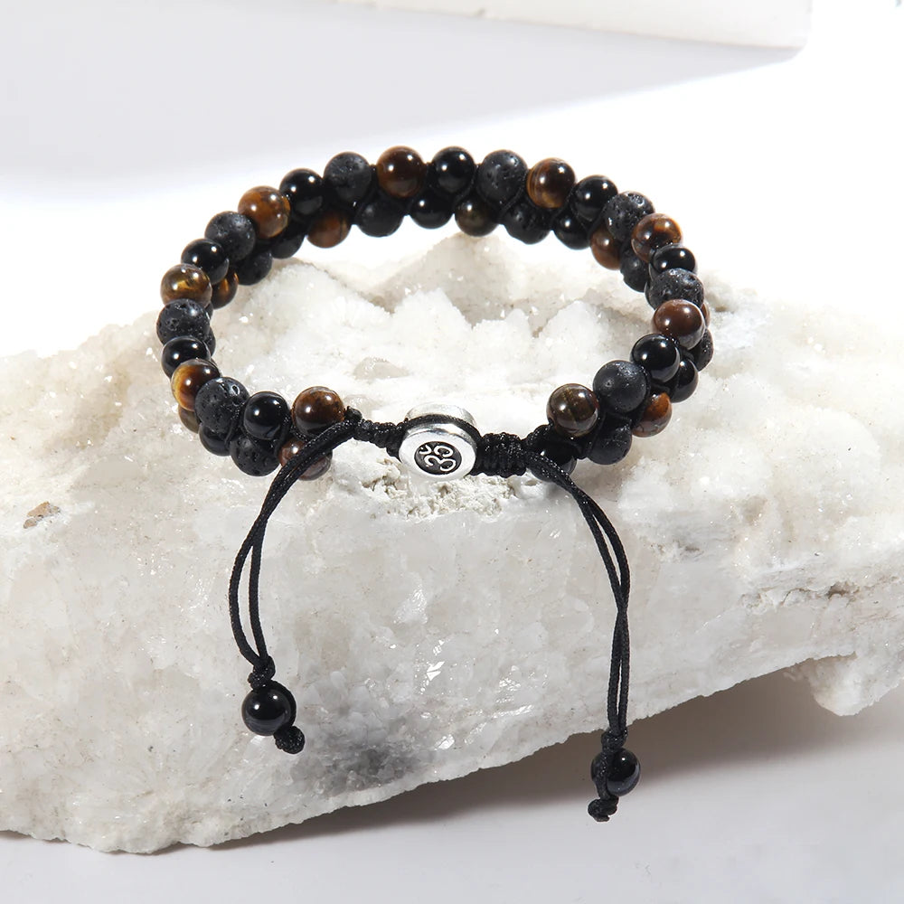 RH Dropship Vintage Men Gift Handmade Mixed 2 Row Black Stones Tiger Eye Agate Health Magnetic Therapy OM Button Wrap Bracelets