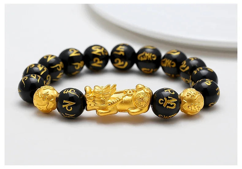 Feng Shui Obsidian Stone Beads Bracelet Men Women Wristband Gold Color Black Pixiu Wealth Lucky Changing Health Wrist Bangles