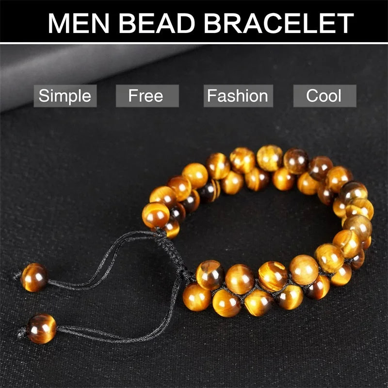 Natural Stone Beads Bracelet 8mm Tiger Eye Bracelet for Men Double Layer Braided Adjustable Healing Stone Bracelets Jewelry
