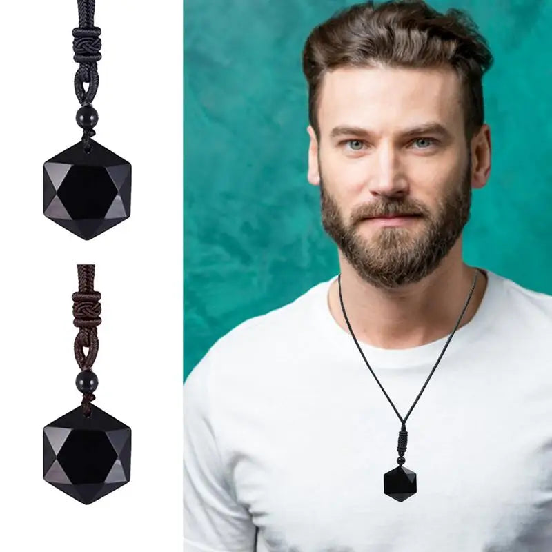 Obsidian Hexagram Pendant Stone For Protection Natural Black Pendant Necklaces Hexagram Amulet Talisman Jewelry For Men Women