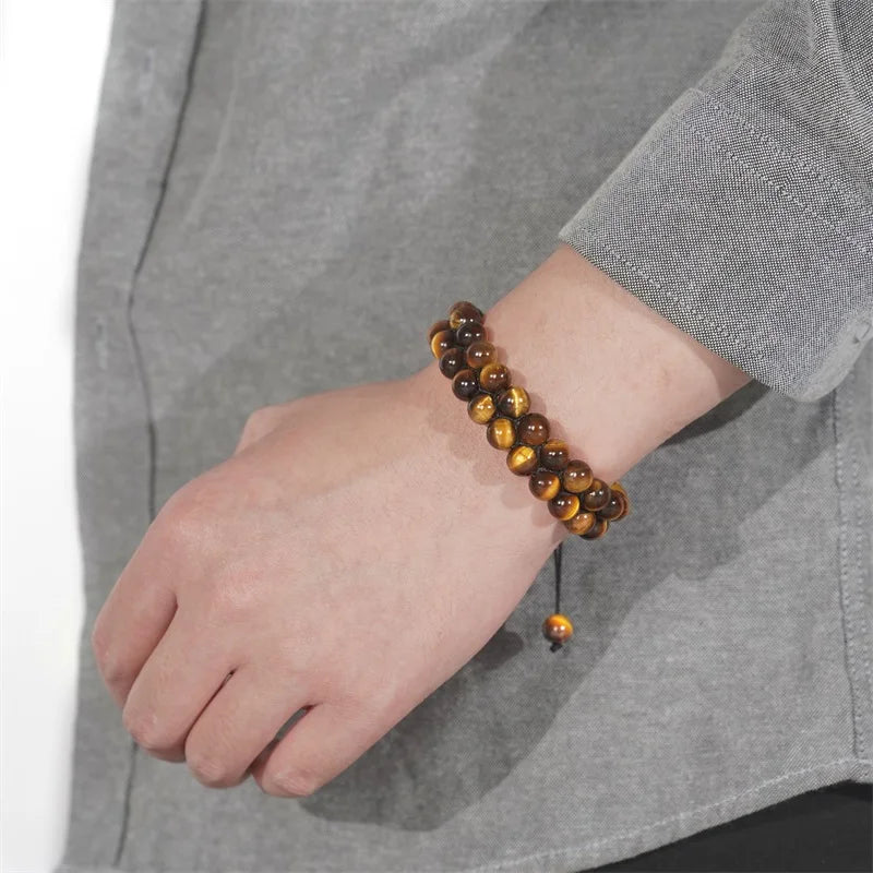 Natural Stone Beads Bracelet 8mm Tiger Eye Bracelet for Men Double Layer Braided Adjustable Healing Stone Bracelets Jewelry