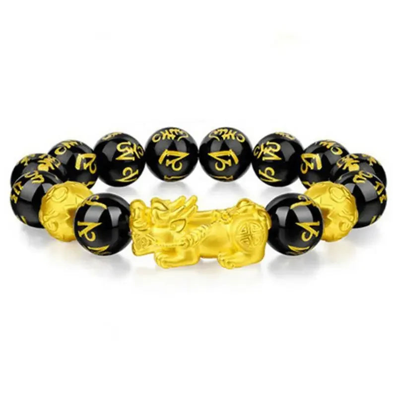 Feng Shui Obsidian Stone Beads Bracelet Men Women Wristband Gold Color Black Pixiu Wealth Lucky Changing Health Wrist Bangles