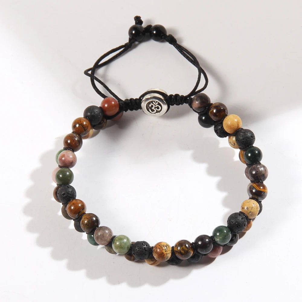 RH Dropship Vintage Men Gift Handmade Mixed 2 Row Black Stones Tiger Eye Agate Health Magnetic Therapy OM Button Wrap Bracelets