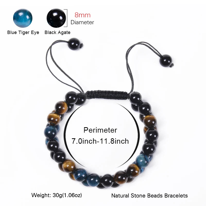 Trendy Braided Natural Stone Beads Bracelet Handmade Black Agate Tiger Eyes Bracelets Double Row Charm Yoga Jewelry Men Bangle