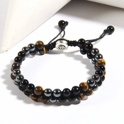RH Dropship Vintage Men Gift Handmade Mixed 2 Row Black Stones Tiger Eye Agate Health Magnetic Therapy OM Button Wrap Bracelets