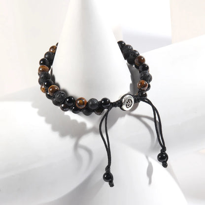 RH Dropship Vintage Men Gift Handmade Mixed 2 Row Black Stones Tiger Eye Agate Health Magnetic Therapy OM Button Wrap Bracelets