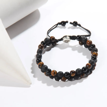RH Dropship Vintage Men Gift Handmade Mixed 2 Row Black Stones Tiger Eye Agate Health Magnetic Therapy OM Button Wrap Bracelets
