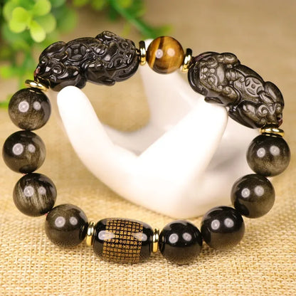 Natural Gold Obsidian Double Pixiu Bracelet