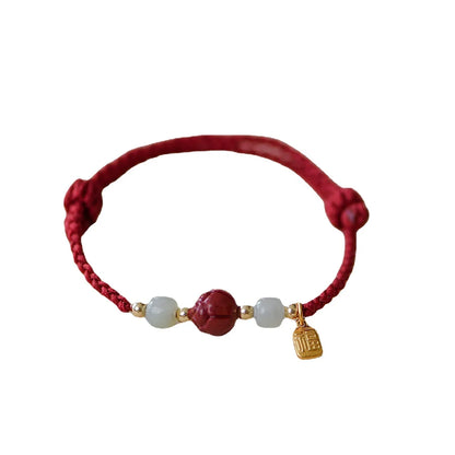 Cinnabar Lotus Landing Good Luck Hand Rope Women's Natural Hetian Jade Fortune Transporter Red Rope Girls' Woven Bracelet Gift