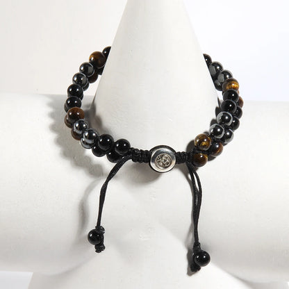 RH Dropship Vintage Men Gift Handmade Mixed 2 Row Black Stones Tiger Eye Agate Health Magnetic Therapy OM Button Wrap Bracelets