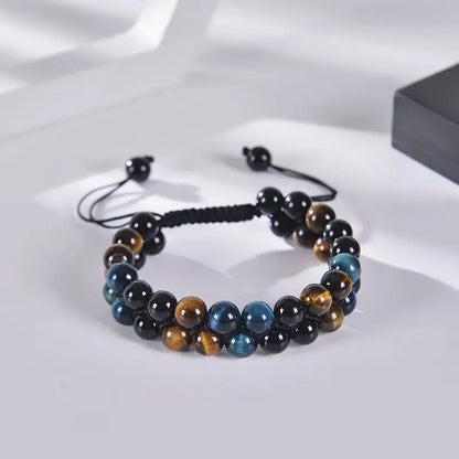 Triple Protection Bracelet 8mm Natural Stone Beads Obsidian Tiger Eye Hematite Double Layer Hand Healing Crystal Stretch Bracele