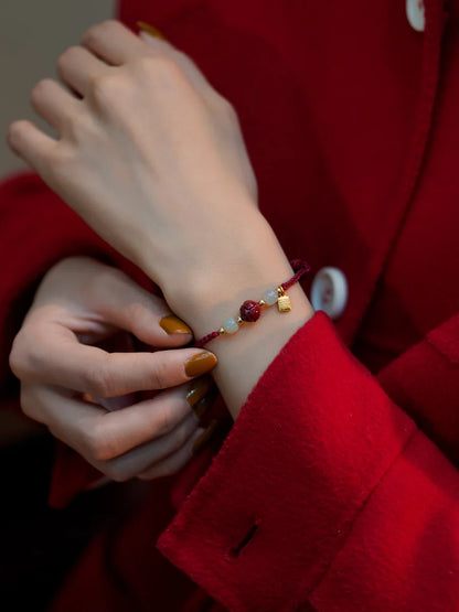 Cinnabar Lotus Landing Good Luck Hand Rope Women's Natural Hetian Jade Fortune Transporter Red Rope Girls' Woven Bracelet Gift