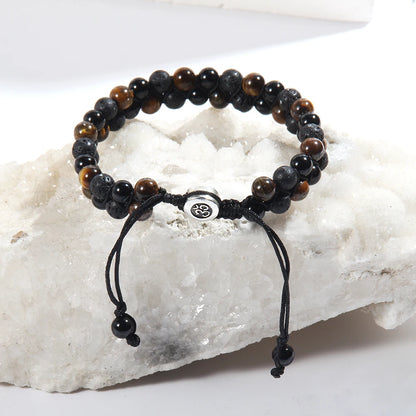 RH Dropship Vintage Men Gift Handmade Mixed 2 Row Black Stones Tiger Eye Agate Health Magnetic Therapy OM Button Wrap Bracelets
