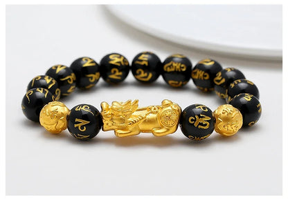 Feng Shui Obsidian Stone Beads Bracelet Men Women Wristband Gold Color Black Pixiu Wealth Lucky Changing Health Wrist Bangles