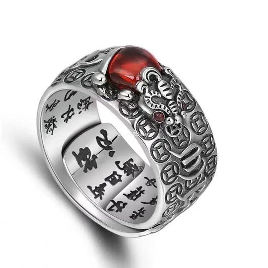 Natural Garnet Pixiu Ring - Feng Shui Wealth Ring