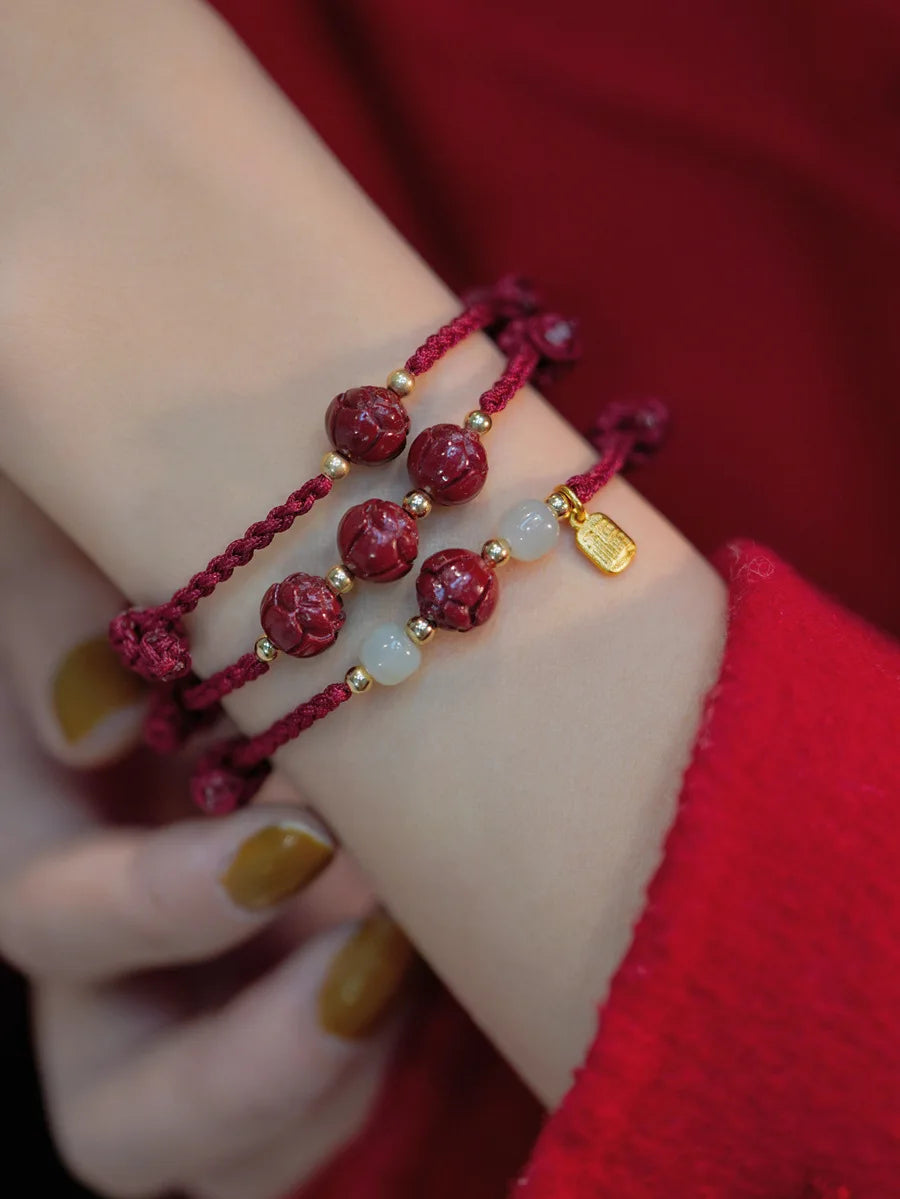 Cinnabar Lotus Landing Good Luck Hand Rope Women's Natural Hetian Jade Fortune Transporter Red Rope Girls' Woven Bracelet Gift