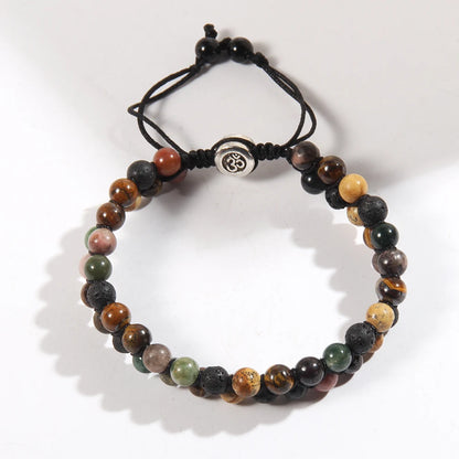 RH Dropship Vintage Men Gift Handmade Mixed 2 Row Black Stones Tiger Eye Agate Health Magnetic Therapy OM Button Wrap Bracelets